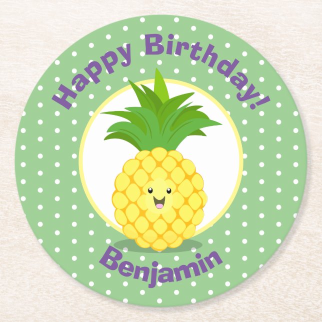 Cute kawaii pineapple cartoon illustration round paper coaster (Front)