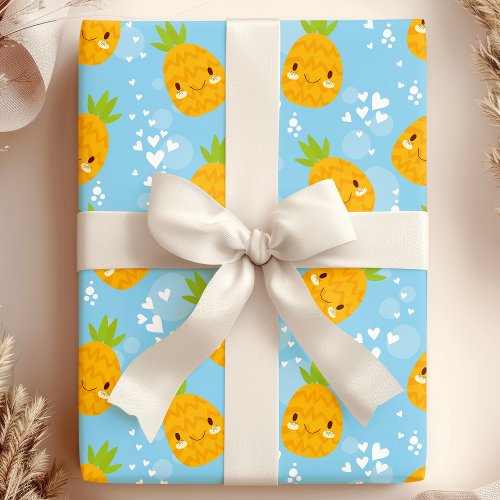 Cute Kawaii Pineapple Hearts Pattern Wrapping Paper