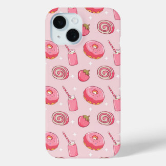 Cute Kawaii Pink Aesthetic Foods Seamless Pattern iPhone 15 Case
