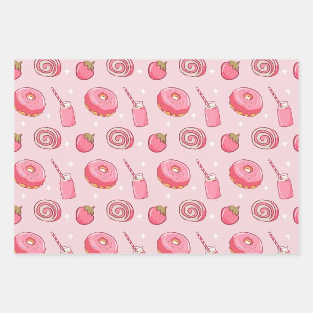 Cute Kawaii Pink Aesthetic Foods Seamless Pattern Wrapping Paper Sheets (Front)