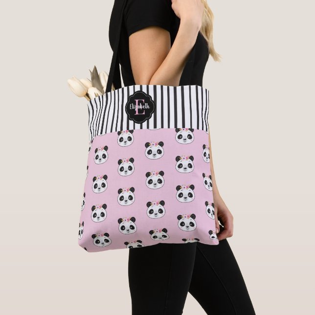 Cute Kawaii Pink Black Panda Monogram Tote Bag (Close Up)