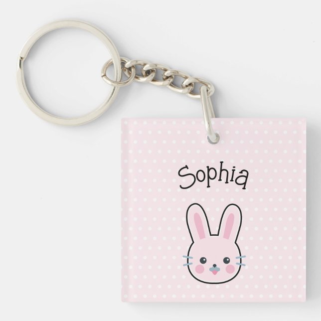 Cute Kawaii Pink Bunny and Polka Dots Keychain (Front)