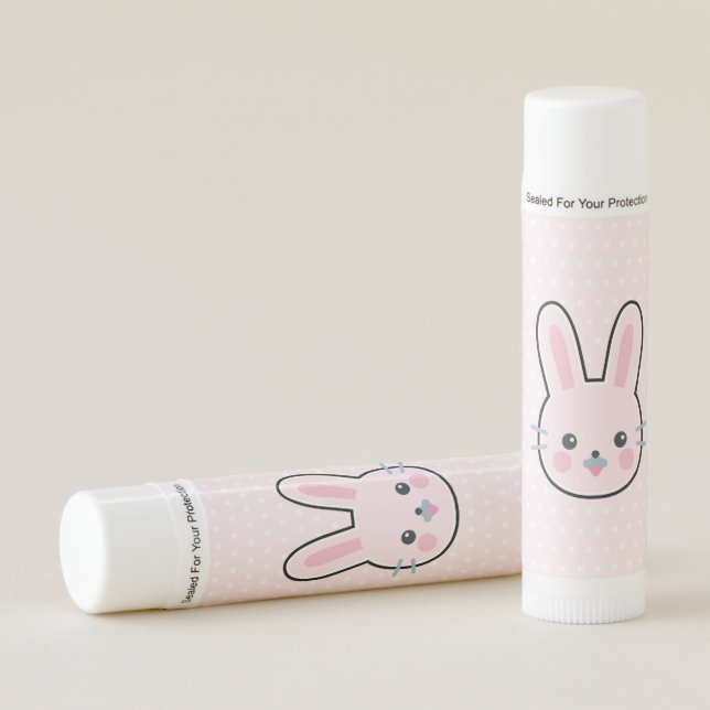 Cute Kawaii Pink Bunny and Polka Dots Lip Balm (Front)
