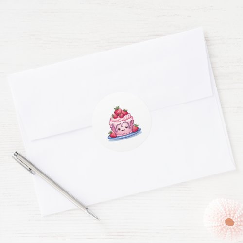 Cute Kawaii Pink Cake with Strawberries Classic Round Sticker