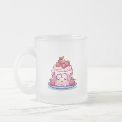 Cute Kawaii Pink Cake with Strawberries Frosted Glass Coffee Mug