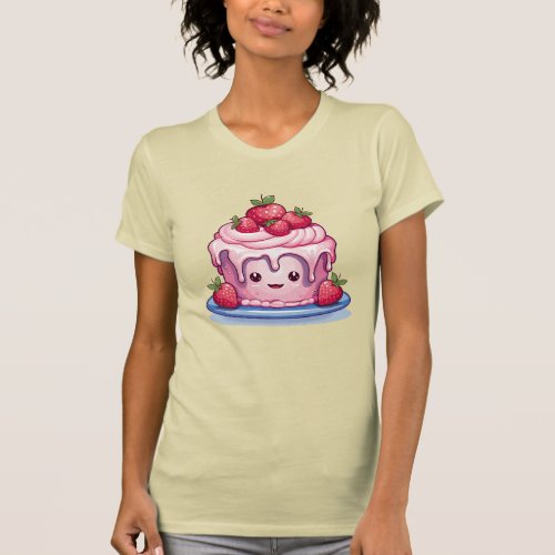 Cute Kawaii Pink Cake with Strawberries T_Shirt