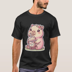 Cute Kawaii Pink Capybara Drinking Boba Tea T-Shir T-Shirt