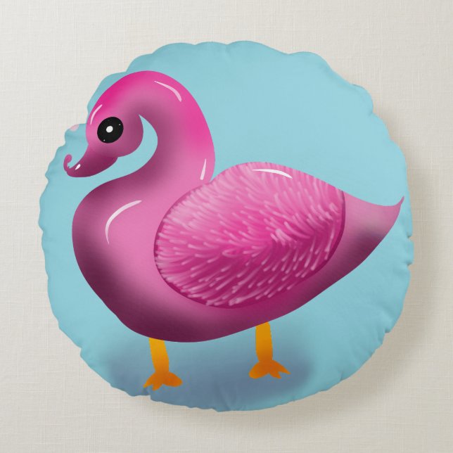 Cute Kawaii Pink Duck & Hearts Nursery Art Round Pillow (Front)