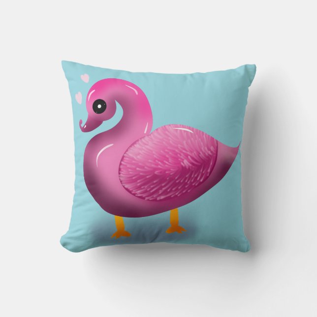 Cute Kawaii Pink Duck & Hearts Nursery Art Throw Pillow (Front)