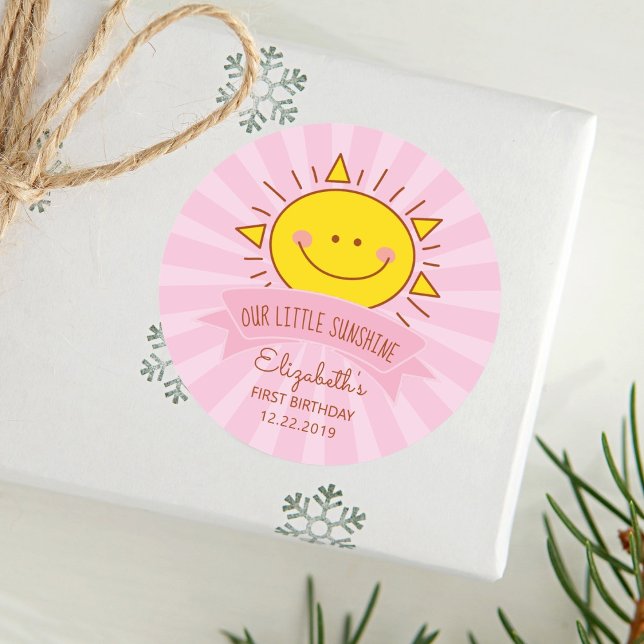 Cute Kawaii Pink Little Sunshine Kids 1st Birthday Classic Round Sticker (Creator Uploaded)