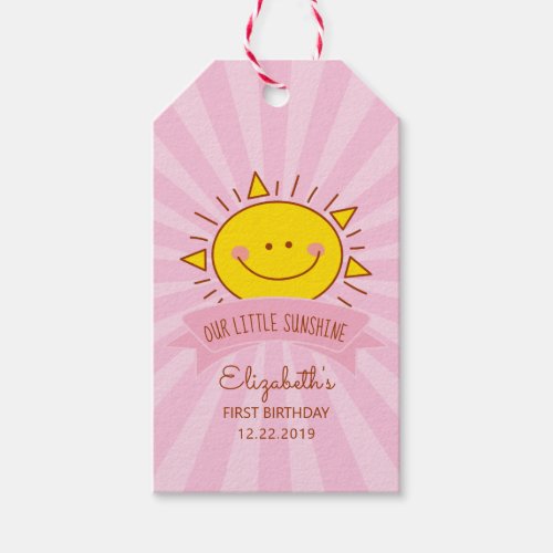 Cute Kawaii Pink Little Sunshine Kids 1st Birthday Gift Tags
