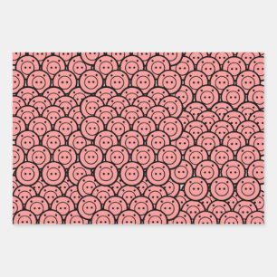 Cute Kawaii Pink Pigs & Piglets Pattern Vector Art Wrapping Paper Sheets