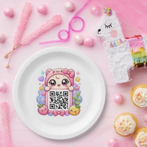 Cute Kawaii Pink QR Code Character Floral Pastel R Paper Plates