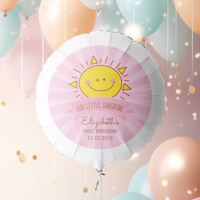 Cute Kawaii Pink Sunshine Kids 1st Birthday Party Balloon (Creator Uploaded)