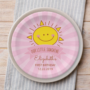 Cute Kawaii Pink Sunshine Kids 1st Birthday Party Paper Plates