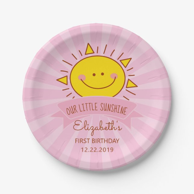 Cute Kawaii Pink Sunshine Kids 1st Birthday Party Paper Plates (Front)