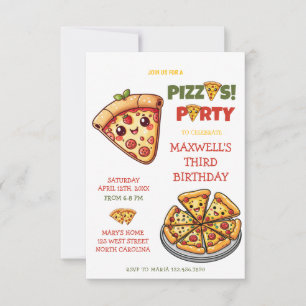 Cute Kawaii Pizza Party kids Birthday Invitation