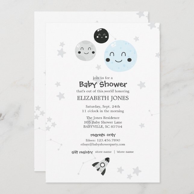 Cute Kawaii Planet and Moons Baby Shower Invitation (Front/Back)