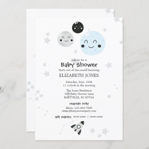 Cute Kawaii Planet and Moons Baby Shower Invitation