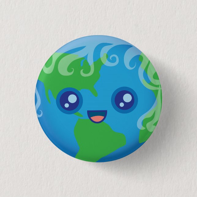 Cute Kawaii Planet Earth Character Pinback Button (Front)