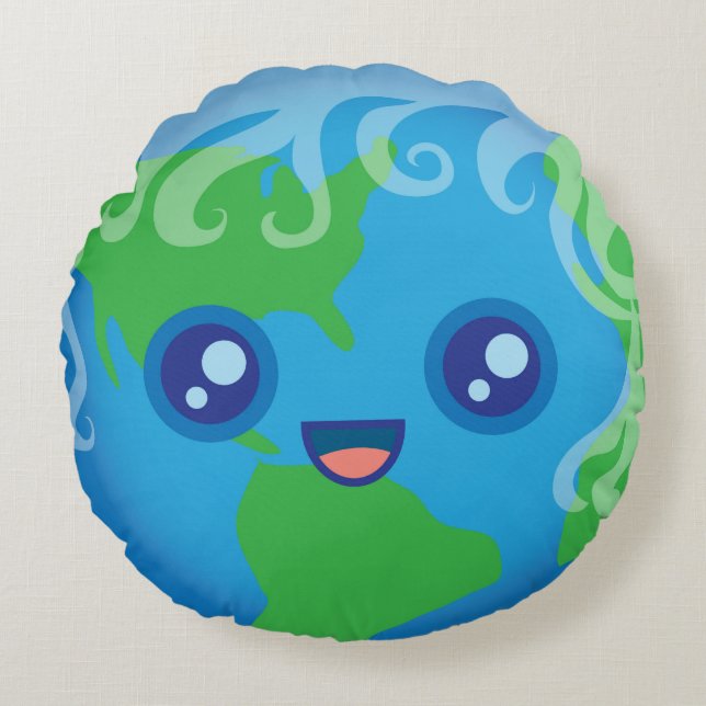 Cute Kawaii Planet Earth Round Pillow (Front)