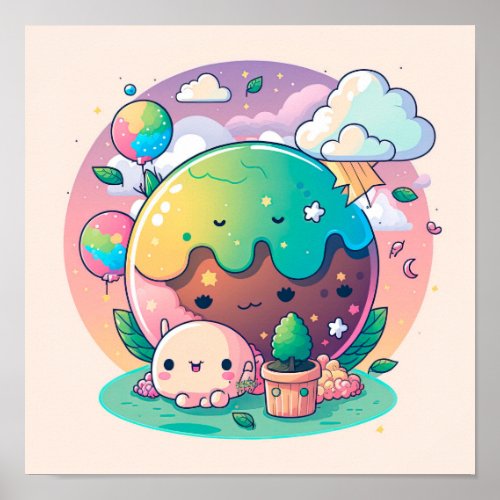 Cute kawaii planet with cupcake poster