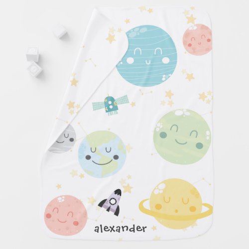 Cute Kawaii Planets  Stars  Constellations Baby Blanket