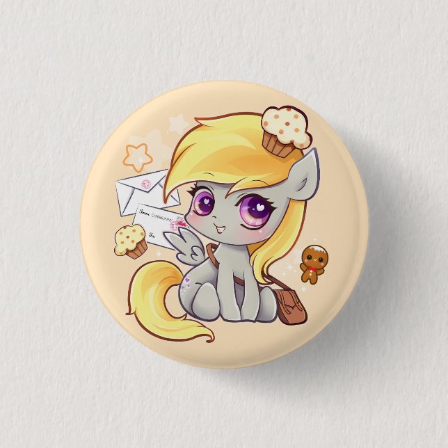Cute kawaii postman pony with letters and cupcakes pinback button (Front)