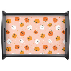 Cute Kawaii Pumpkin Faces Pattern Serving Tray