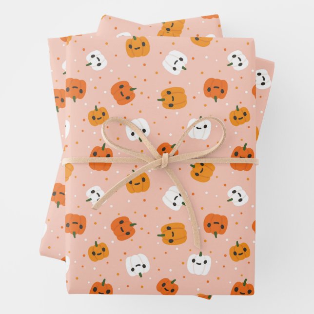 Cute Kawaii Pumpkin Faces Pattern Wrapping Paper Sheets (In situ)