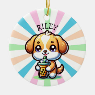 Cute Kawaii Puppy Dog with Bubble Tea Personalized Ceramic Ornament