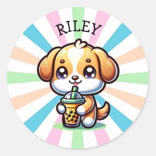 Cute Kawaii Puppy Dog with Bubble Tea Personalized Classic Round Sticker