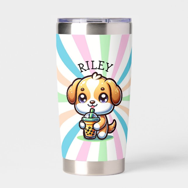 Cute Kawaii Puppy Dog with Bubble Tea Personalized Insulated Tumbler (Front)