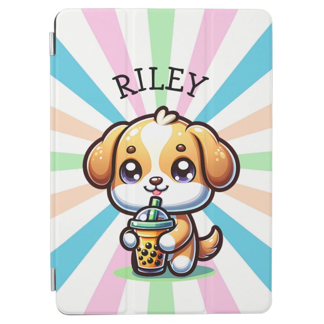 Cute Kawaii Puppy Dog with Bubble Tea Personalized iPad Air Cover (Front)