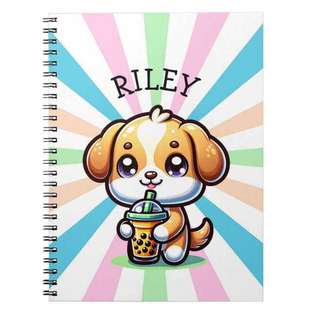 Cute Kawaii Puppy Dog with Bubble Tea Personalized Notebook (Front)