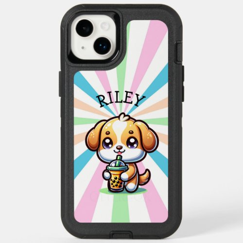 Cute Kawaii Puppy Dog with Bubble Tea Personalized OtterBox iPhone 14 Plus Case
