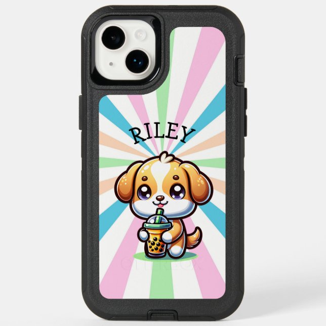 Cute Kawaii Puppy Dog with Bubble Tea Personalized Otterbox iPhone Case (Back)