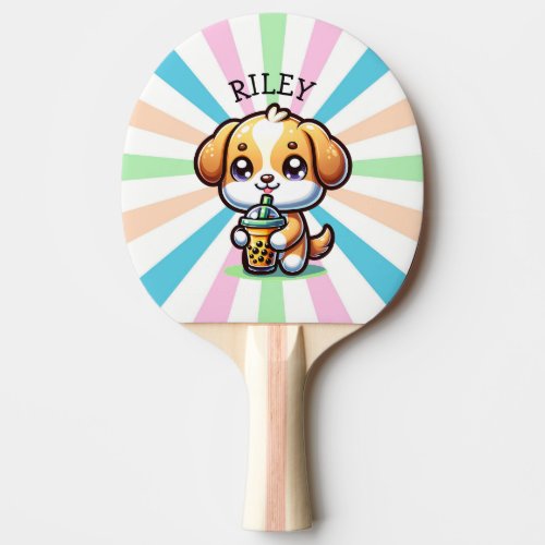 Cute Kawaii Puppy Dog with Bubble Tea Personalized Ping Pong Paddle