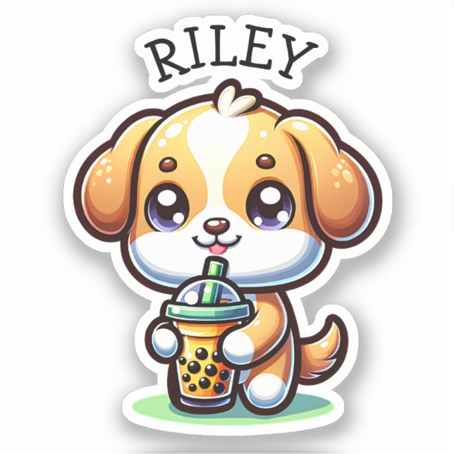 Cute Kawaii Puppy Dog with Bubble Tea Personalized Sticker (Front)