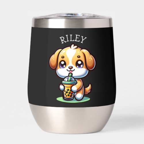 Cute Kawaii Puppy Dog with Bubble Tea Personalized Thermal Wine Tumbler