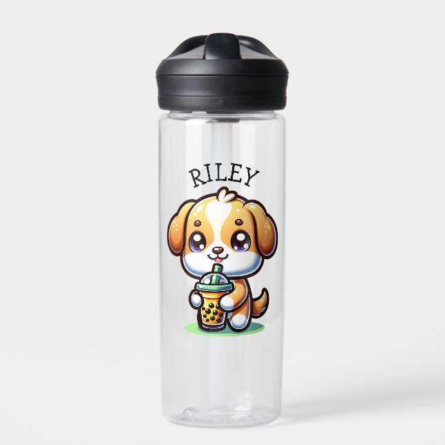 Cute Kawaii Puppy Dog with Bubble Tea Personalized Water Bottle (Front)