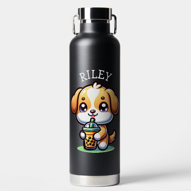 Cute Kawaii Puppy Dog with Bubble Tea Personalized Water Bottle (Front)