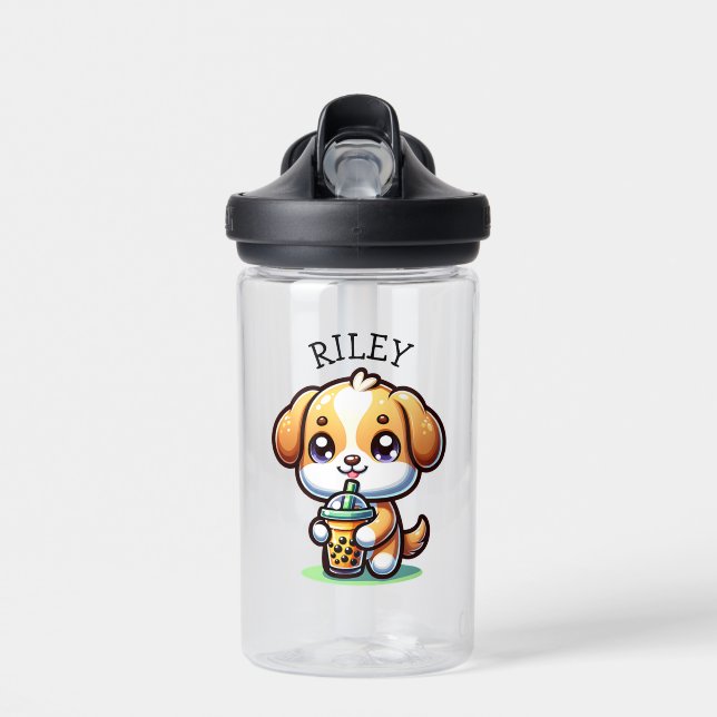 Cute Kawaii Puppy Dog with Bubble Tea Personalized Water Bottle (Front)
