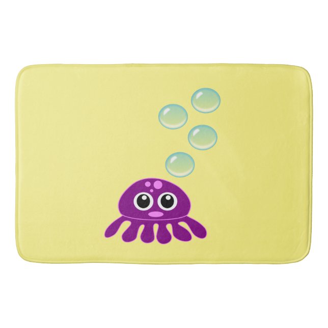 Cute Kawaii Purple Jellyfish with Blue Bubbles Bathroom Mat (Front)