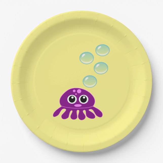 Cute Kawaii Purple Jellyfish with Blue Bubbles Paper Plates (Front)
