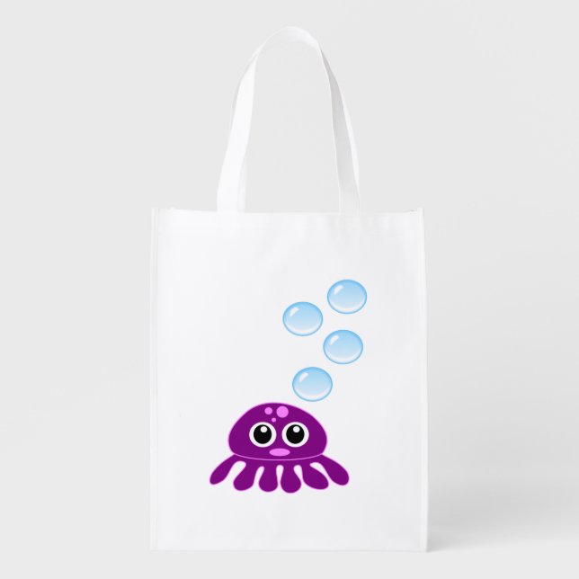 Cute Kawaii Purple Jellyfish with Blue Bubbles Reusable Grocery Bag (Front)