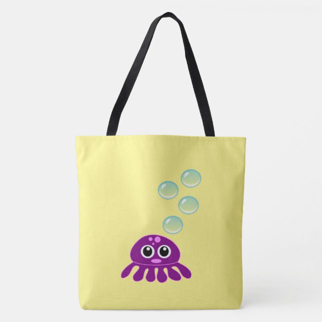 Cute Kawaii Purple Jellyfish with Blue Bubbles Tote Bag (Front)