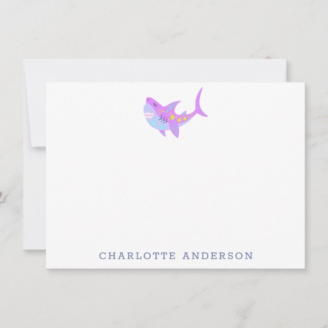 Cute Kawaii Purple Shark Personalized Stationery Note Card (Front)