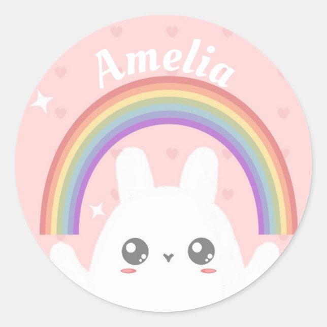 Cute Kawaii Rabbit and Rainbow Personalised Classic Round Sticker (Front)