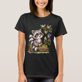 Cute Kawaii Raccoon Birdwatching Design T-Shirt